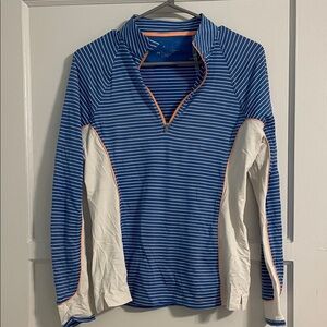 Peter Millar Blue and White Striped Pullover with Orange Trim